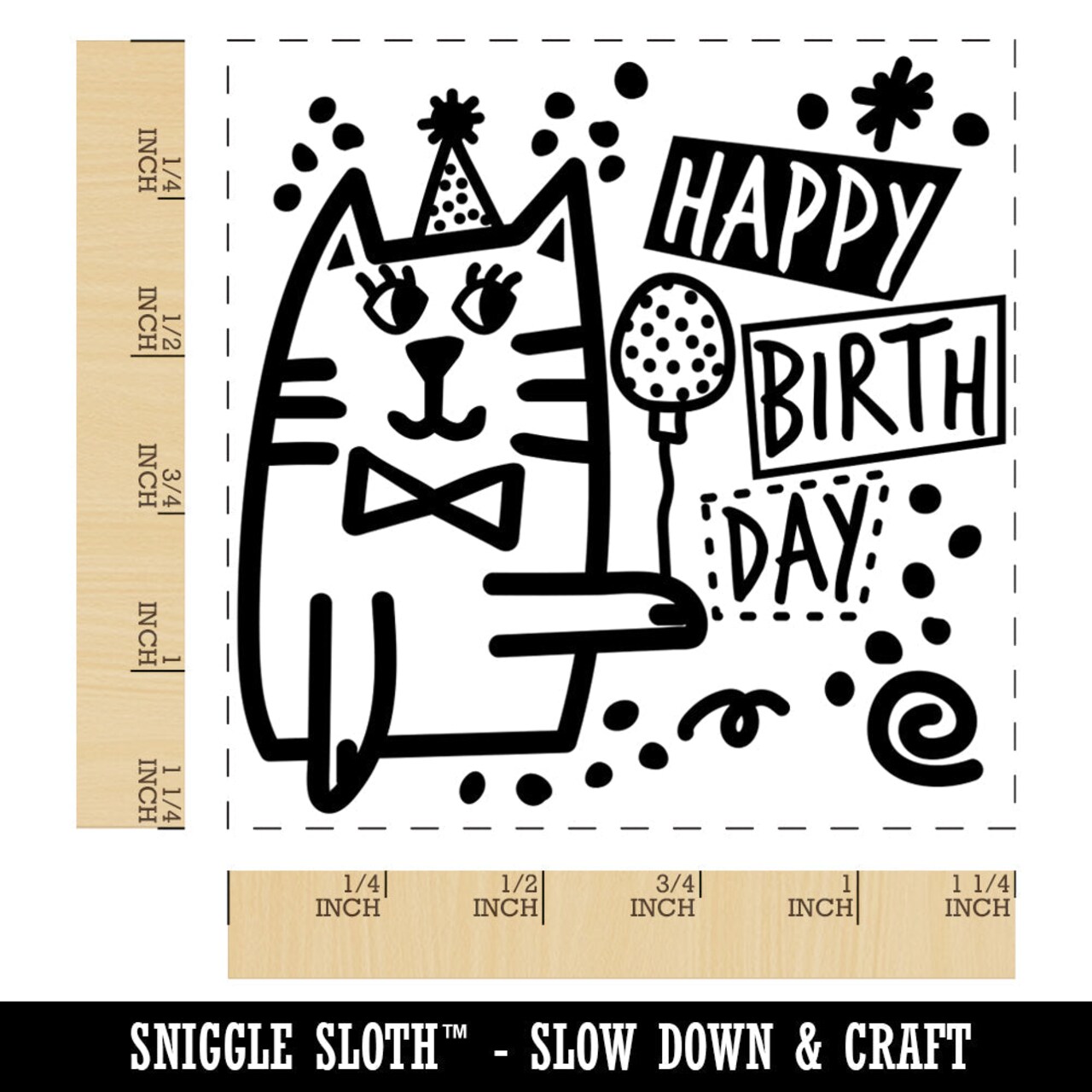 Happy Birthday Cat with Hat and Balloon Square Rubber Stamp for Stamping Crafting